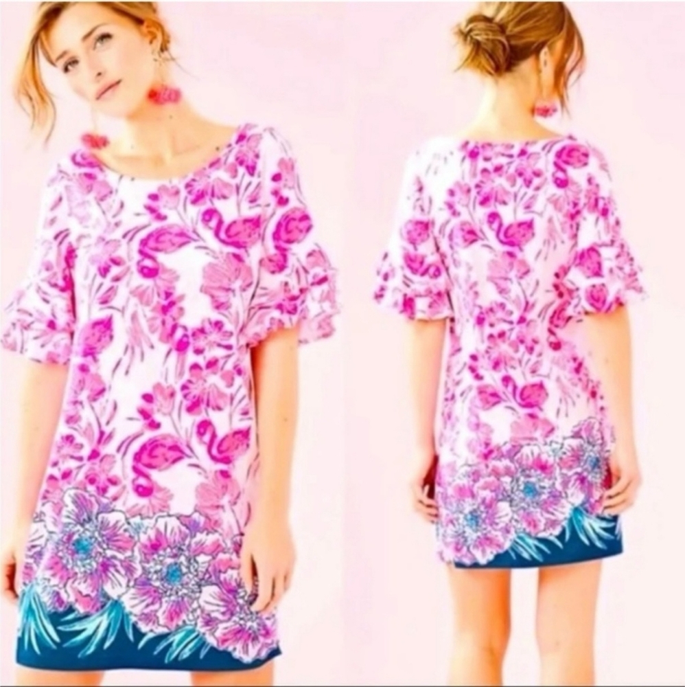 Lilly Pulitzer Lula Dress Coral Reef Pink Flamingo Flounce Sleeves - XL